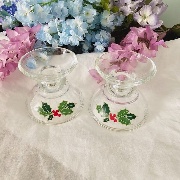 2pc Avon Holiday Hostess Glass Candle Holder Set, Holly Berry, Vintage - Picture 2 of 8